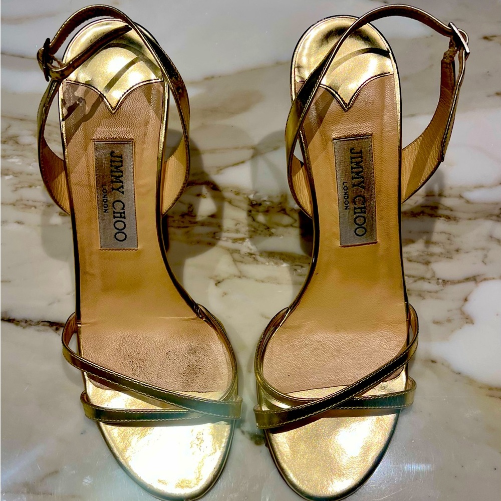 Jimmy Choo Leather Slingback Sandals * Gold * Stiletto Heels. Crossover Straps